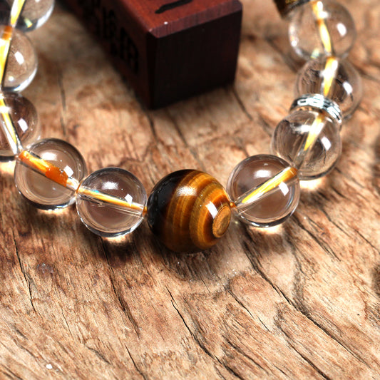 天師府祕製|道家太極九字真言混元珠天然月魄白水晶手串-金五行能量