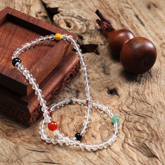 Taoist Peace Talisman & Taiji Radiance Natural Moon-Soul White Crystal Long Bracelet (Gold Element Energy)