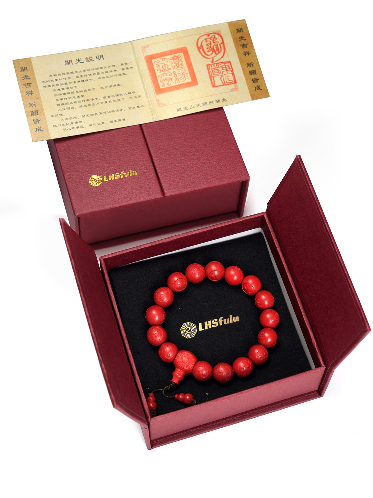 this piece merges the profound mysteries of the I Ching (Book of Changes) with the essence of Taoist rites. Crafted from refined Chenzhou Cinnabar carved into the form of the Taiji Bagua array, it embodies the principle of ""Yin and Yang in endless generation, the Bagua turning the cosmos."" It is a classic ritual implement that combines deep cultural heritage with spiritual protective energy.