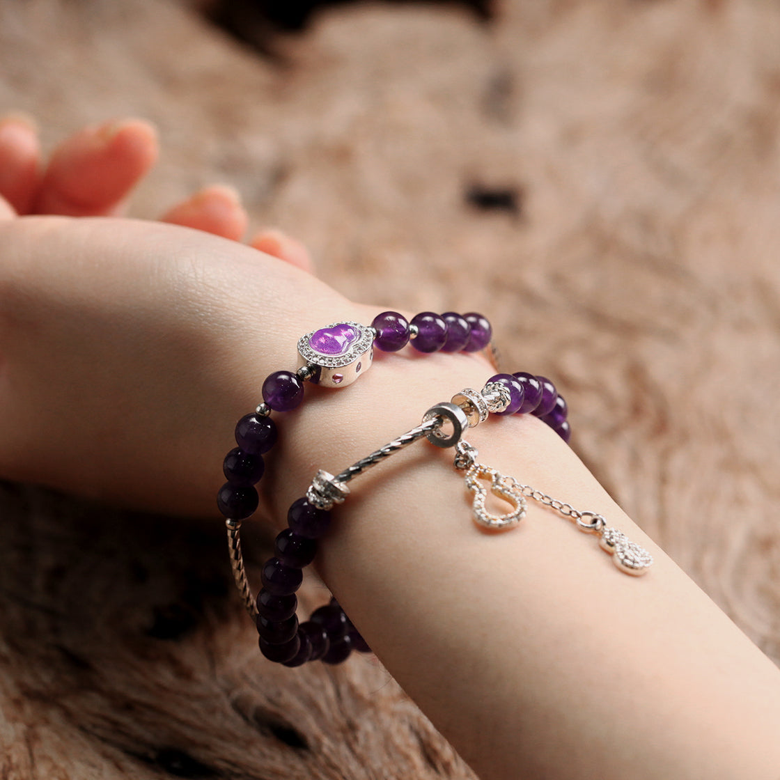 "Purple Qi from the East" Precious Gourd Natural Deep Purple Amethyst Long Bracelet (Fire Element Energy)