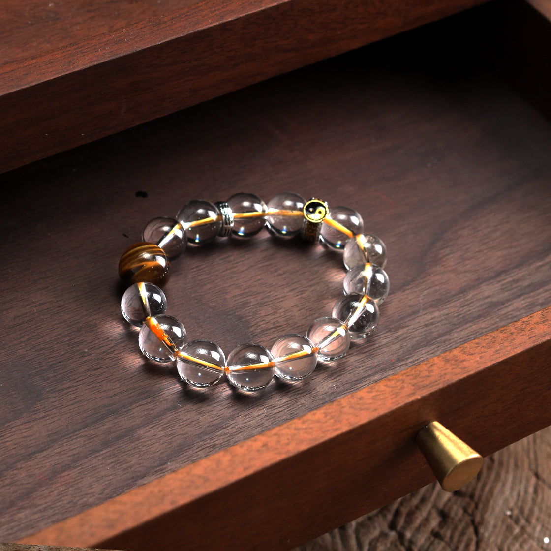 天師府祕製｜道家太極九字真言混元珠天然月魄白水晶手串-金五行能量