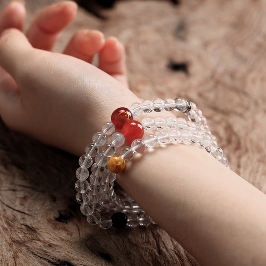 Taoist Peace Talisman & Taiji Radiance Natural Moon-Soul White Crystal Long Bracelet (Gold Element Energy)