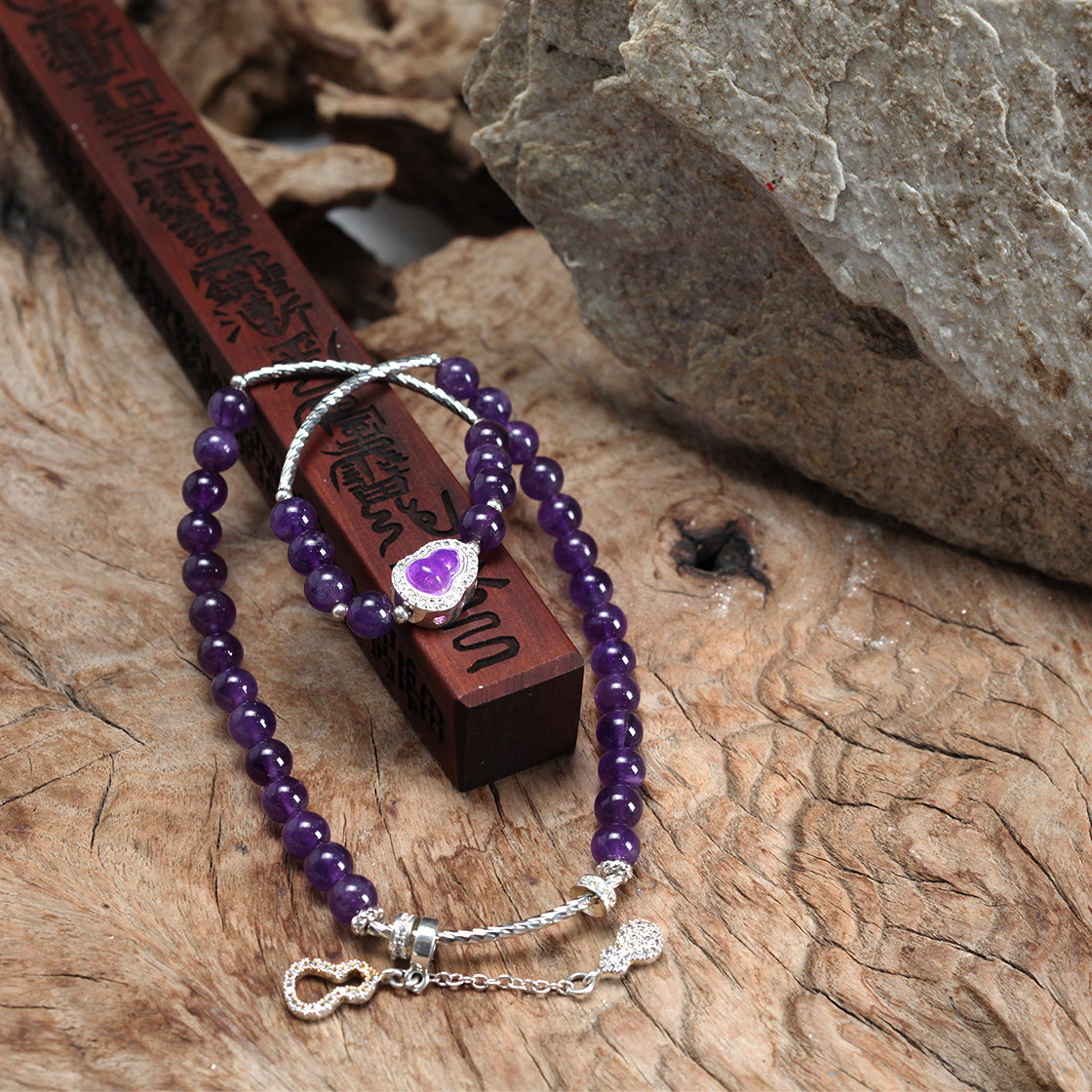 "Purple Qi from the East" Precious Gourd Natural Deep Purple Amethyst Long Bracelet (Fire Element Energy)