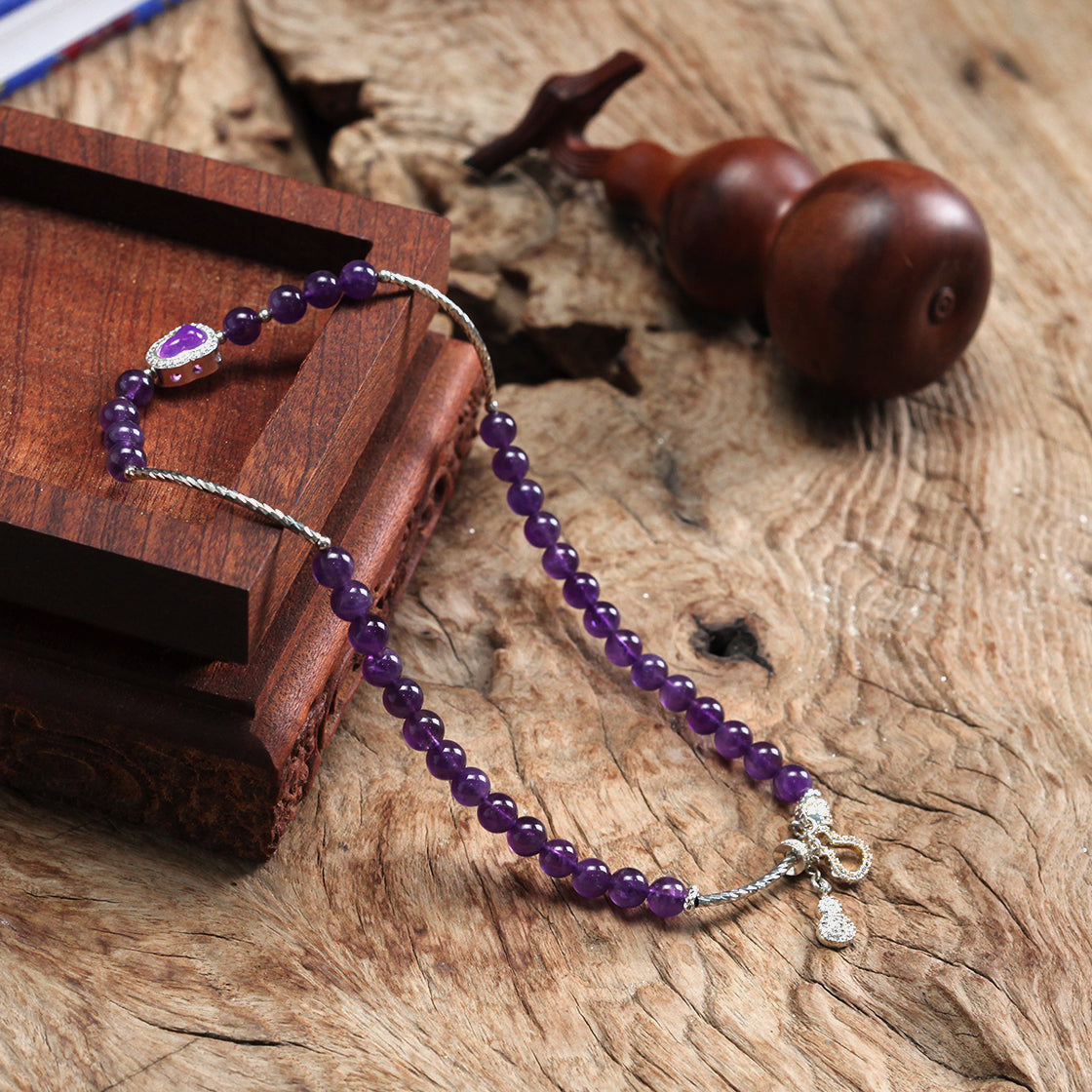 "Purple Qi from the East" Precious Gourd Natural Deep Purple Amethyst Long Bracelet (Fire Element Energy)