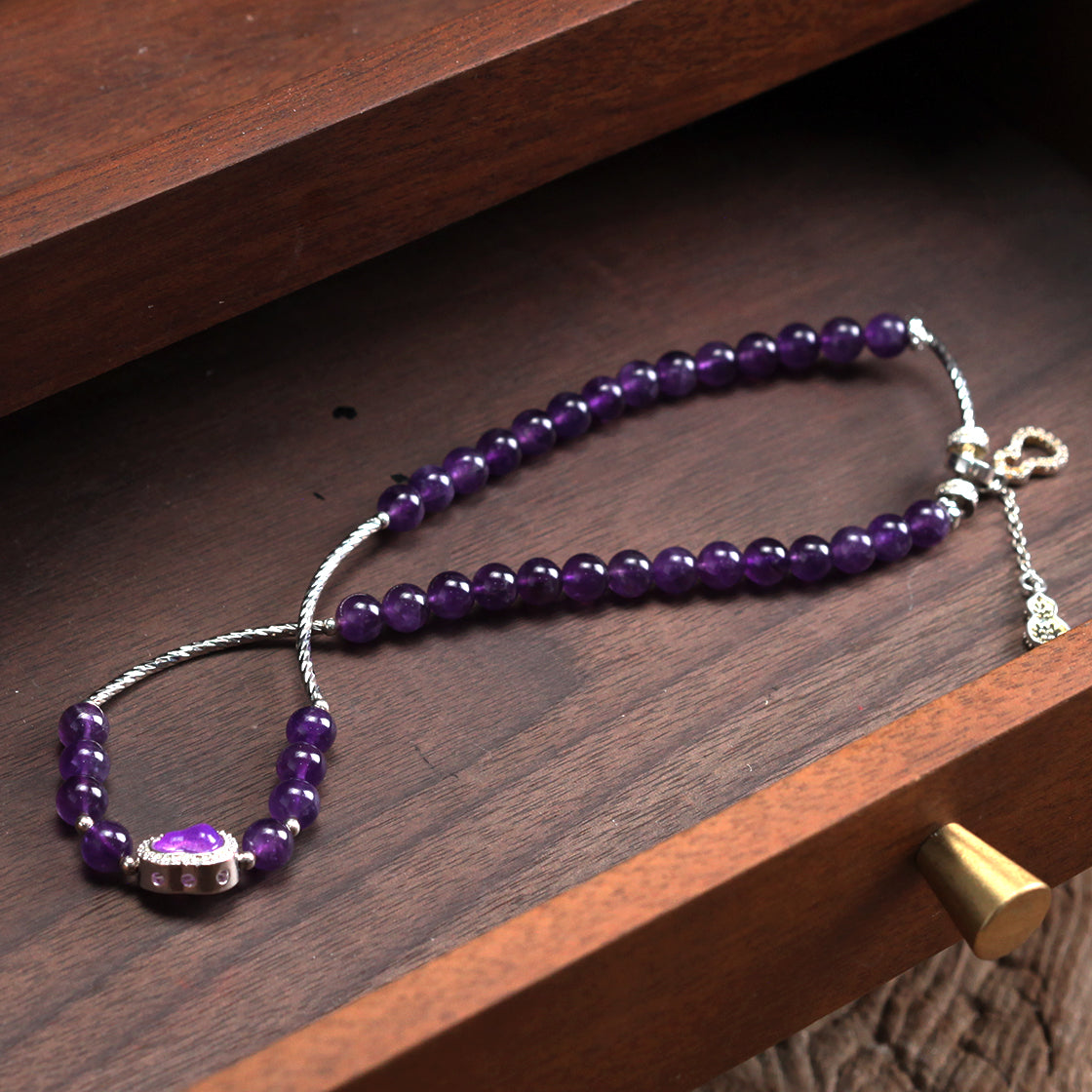 "Purple Qi from the East" Precious Gourd Natural Deep Purple Amethyst Long Bracelet (Fire Element Energy)