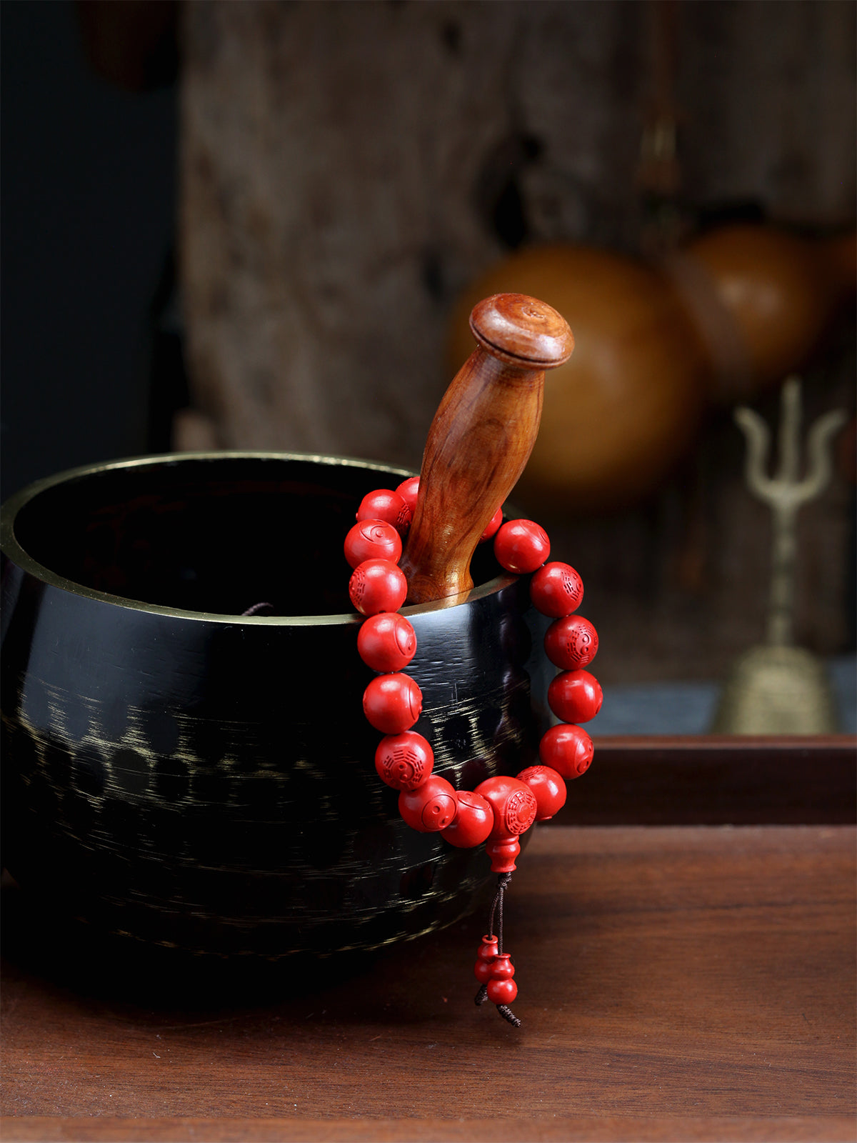this piece merges the profound mysteries of the I Ching (Book of Changes) with the essence of Taoist rites. Crafted from refined Chenzhou Cinnabar carved into the form of the Taiji Bagua array, it embodies the principle of ""Yin and Yang in endless generation, the Bagua turning the cosmos."" It is a classic ritual implement that combines deep cultural heritage with spiritual protective energy.