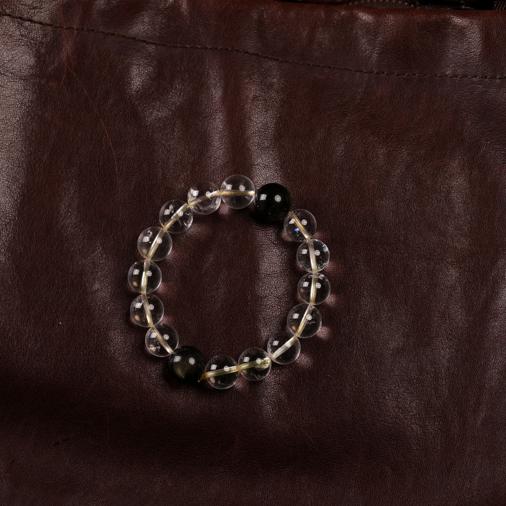 Yin-Yang Harmony Bracelet with Natural White Quartz and Two Golden Obsidian Beads