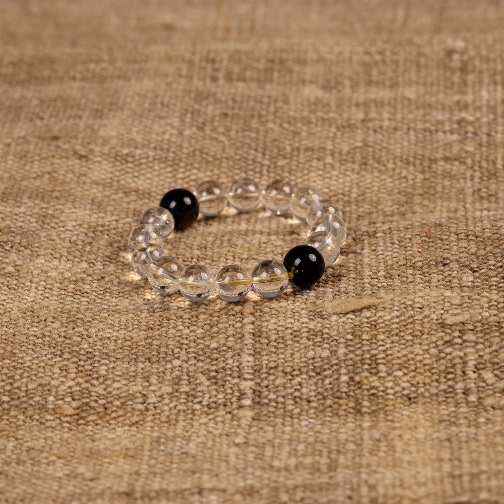 Yin-Yang Harmony Bracelet with Natural White Quartz and Two Golden Obsidian Beads