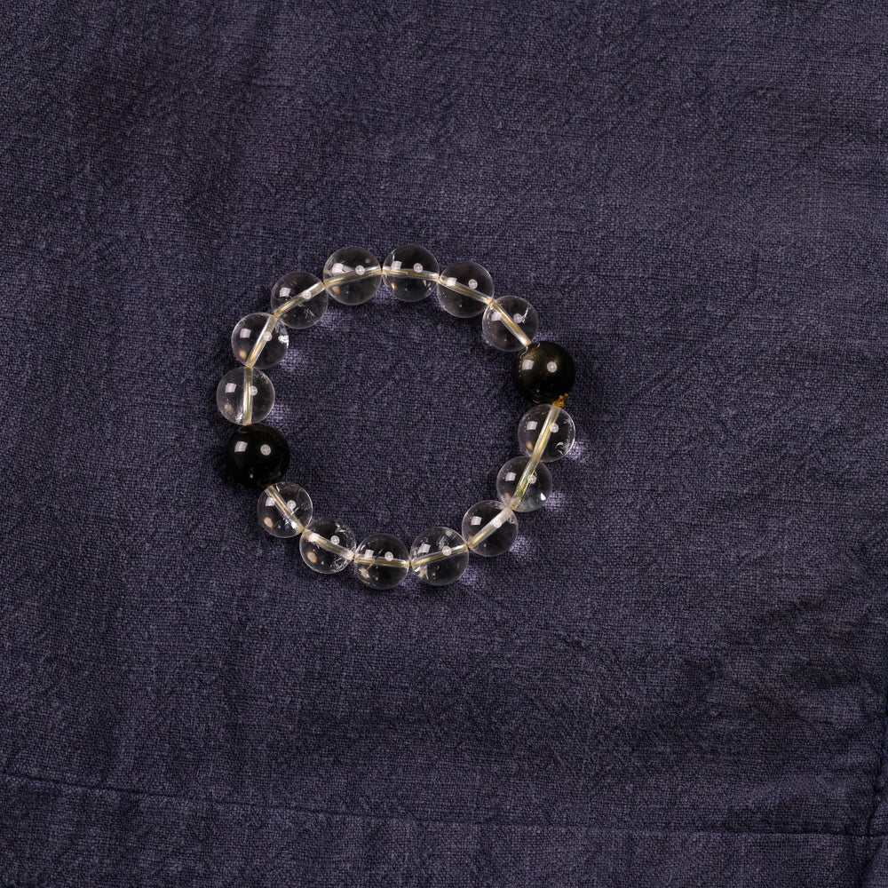 Yin-Yang Harmony Bracelet with Natural White Quartz and Two Golden Obsidian Beads