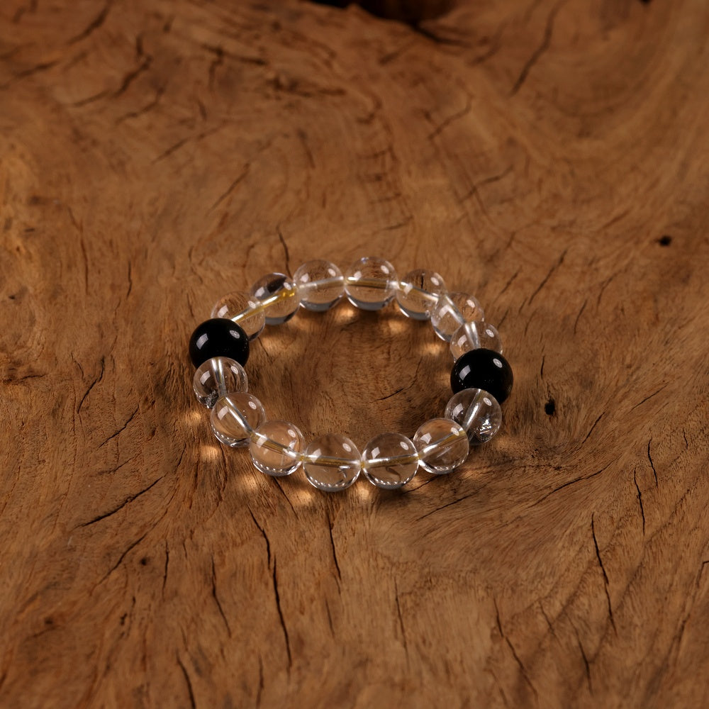 Yin-Yang Harmony Bracelet with Natural White Quartz and Two Golden Obsidian Beads
