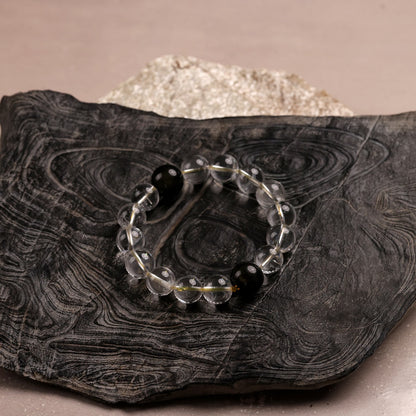 Yin-Yang Harmony Bracelet with Natural White Quartz and Two Golden Obsidian Beads