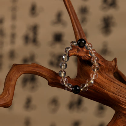 Yin-Yang Harmony Bracelet with Natural White Quartz and Two Golden Obsidian Beads