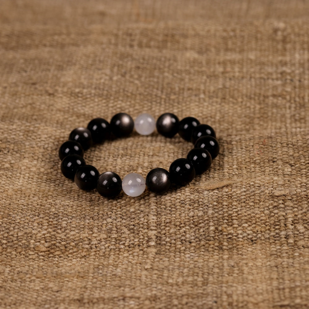 Yin-Yang Harmony Bracelet with Natural Silver Sheen Obsidian and Two Blue Moonstones