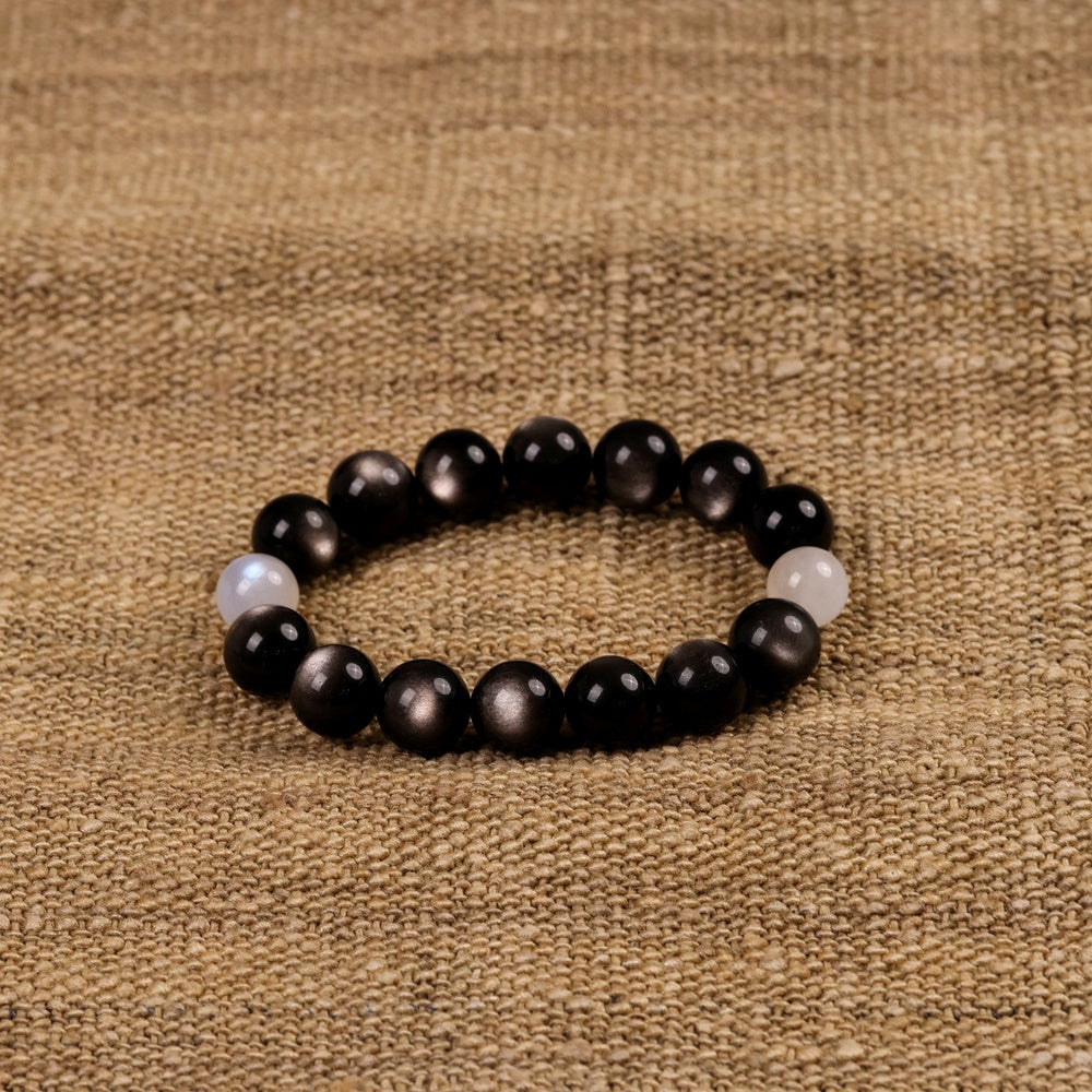 Yin-Yang Harmony Bracelet with Natural Silver Sheen Obsidian and Two Blue Moonstones