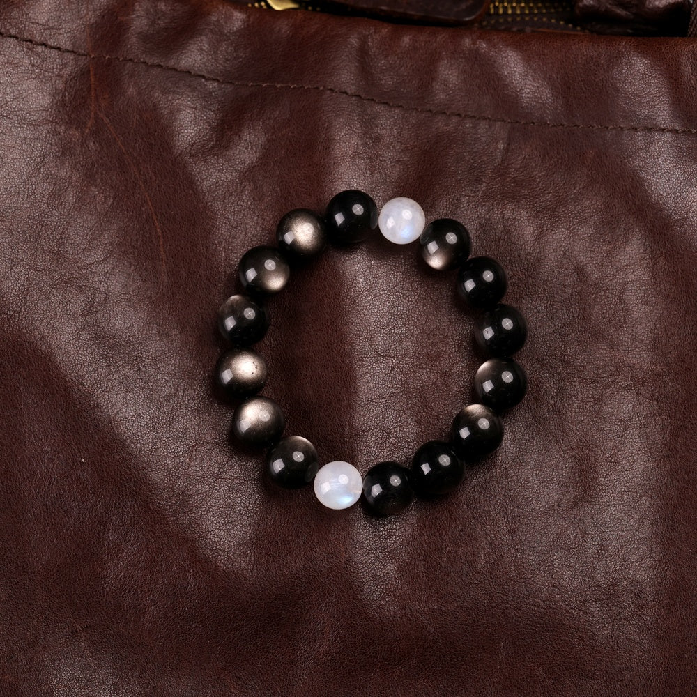 Yin-Yang Harmony Bracelet with Natural Silver Sheen Obsidian and Two Blue Moonstones