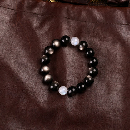Yin-Yang Harmony Bracelet with Natural Silver Sheen Obsidian and Two Blue Moonstones