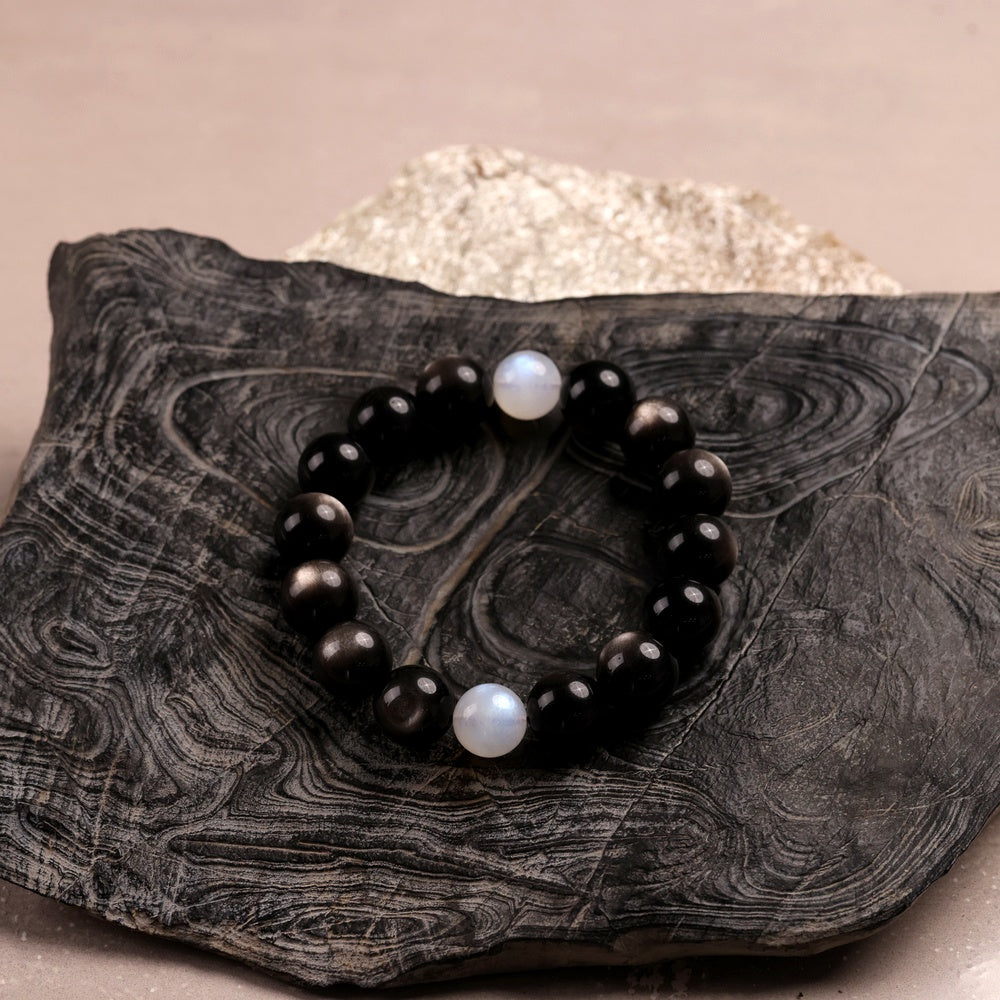 Yin-Yang Harmony Bracelet with Natural Silver Sheen Obsidian and Two Blue Moonstones