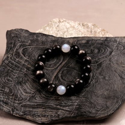 Yin-Yang Harmony Bracelet with Natural Silver Sheen Obsidian and Two Blue Moonstones