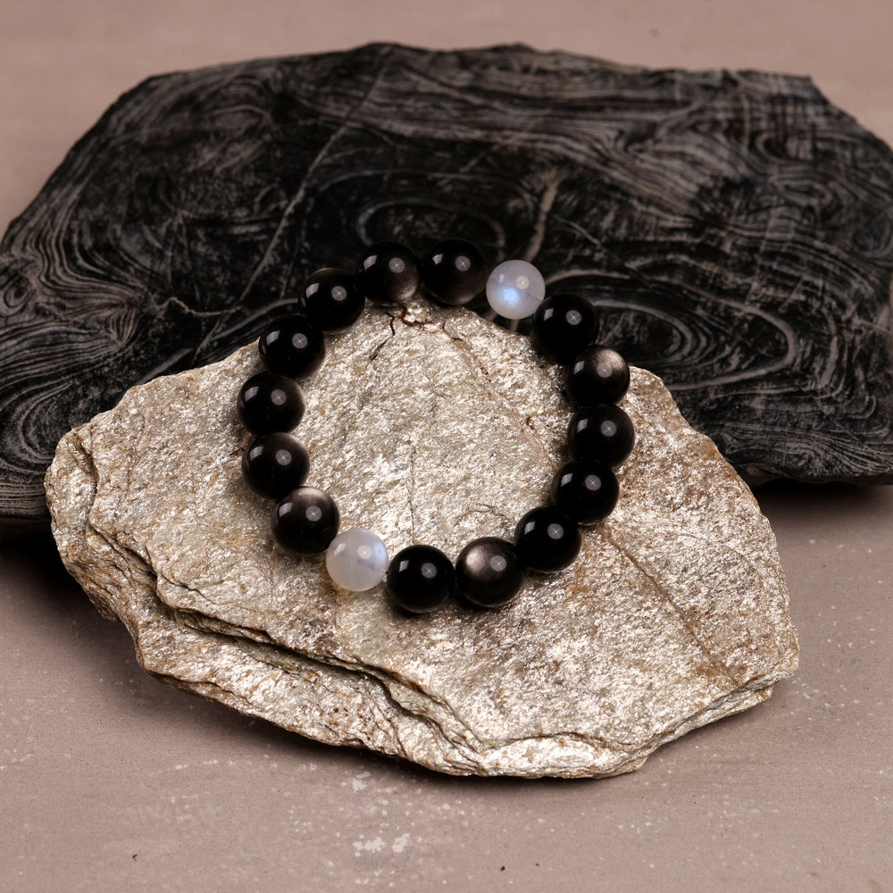 Yin-Yang Harmony Bracelet with Natural Silver Sheen Obsidian and Two Blue Moonstones