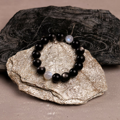 Yin-Yang Harmony Bracelet with Natural Silver Sheen Obsidian and Two Blue Moonstones