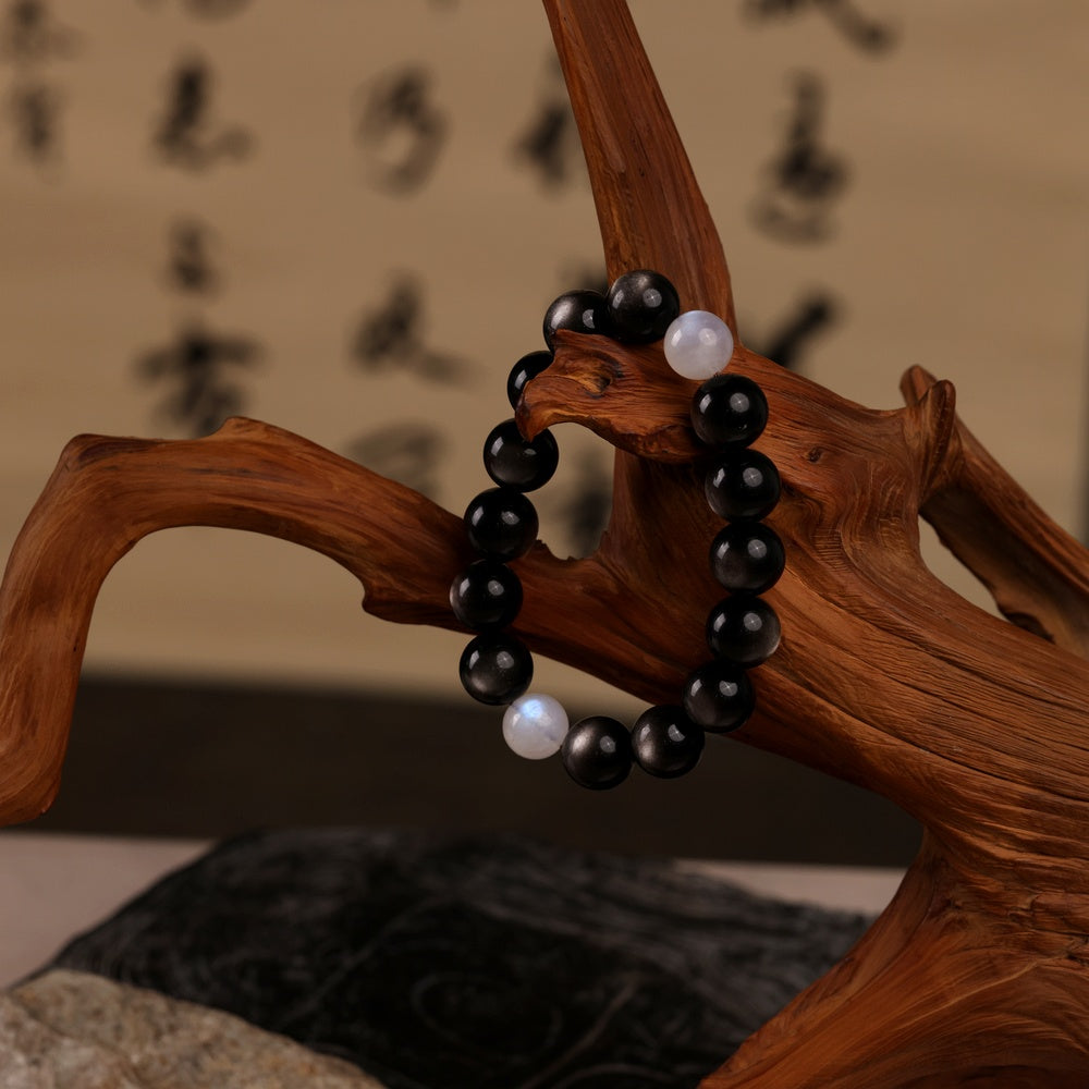 Yin-Yang Harmony Bracelet with Natural Silver Sheen Obsidian and Two Blue Moonstones