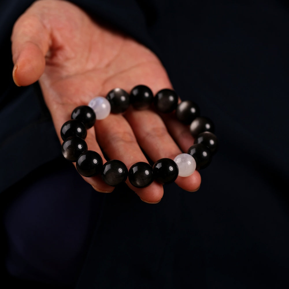 Yin-Yang Harmony Bracelet with Natural Silver Sheen Obsidian and Two Blue Moonstones
