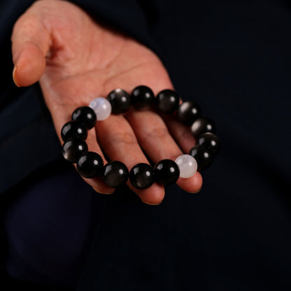 Yin-Yang Harmony Bracelet with Natural Silver Sheen Obsidian and Two Blue Moonstones