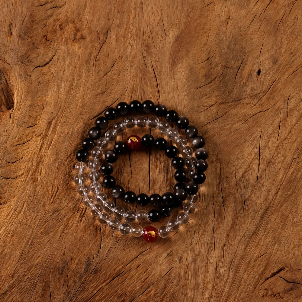 Tai Chi Return to Unity Long Strand with Natural White Quartz and Silver Sheen Obsidian
