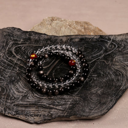 Tai Chi Return to Unity Long Strand with Natural White Quartz and Silver Sheen Obsidian