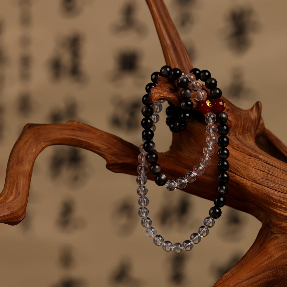 Tai Chi Return to Unity Long Strand with Natural White Quartz and Silver Sheen Obsidian