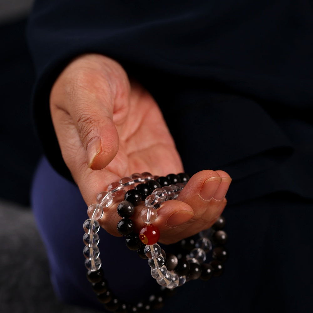 Tai Chi Return to Unity Long Strand with Natural White Quartz and Silver Sheen Obsidian