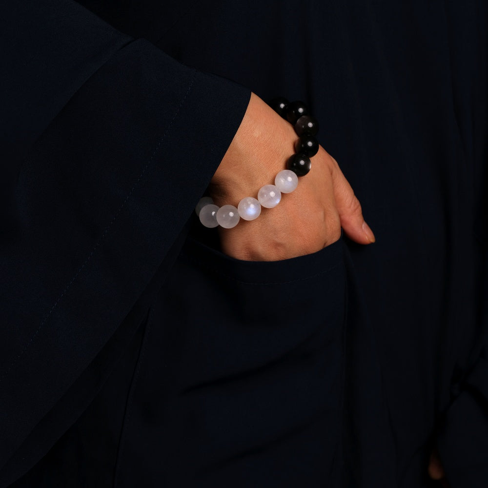 Tai Chi Return to Origin Bracelet with Natural Silver Sheen Obsidian and Blue Moonstone Hunyuan Beads