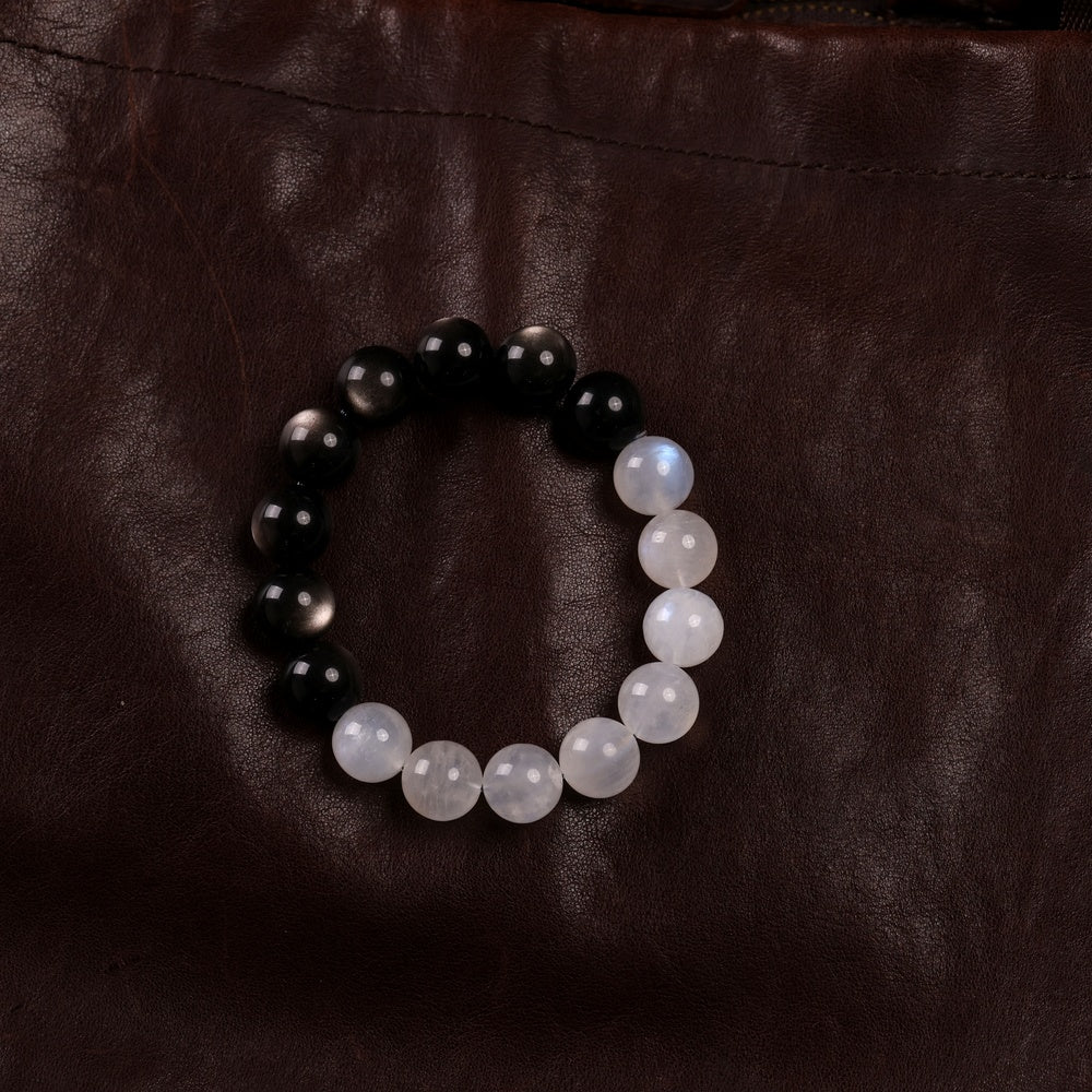 Tai Chi Return to Origin Bracelet with Natural Silver Sheen Obsidian and Blue Moonstone Hunyuan Beads
