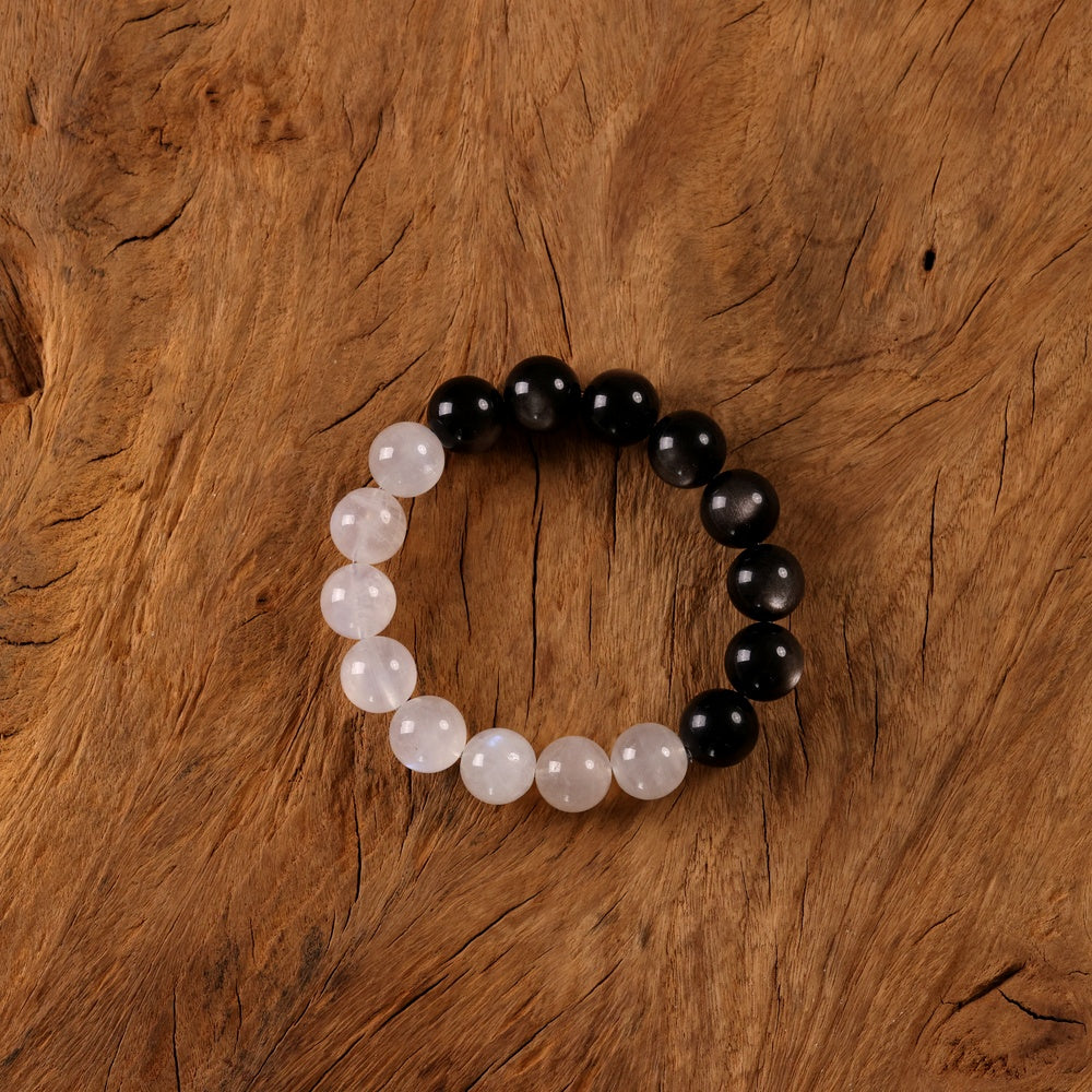 Tai Chi Return to Origin Bracelet with Natural Silver Sheen Obsidian and Blue Moonstone Hunyuan Beads