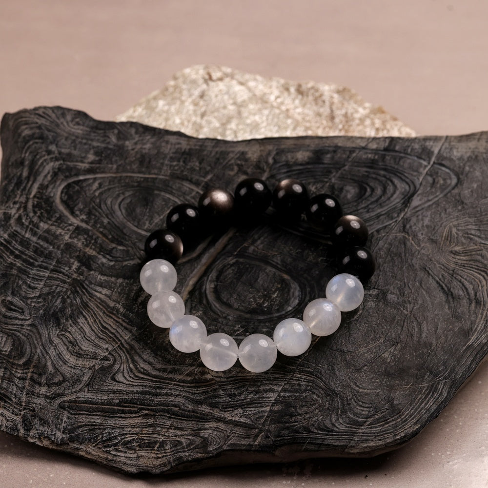 Tai Chi Return to Origin Bracelet with Natural Silver Sheen Obsidian and Blue Moonstone Hunyuan Beads
