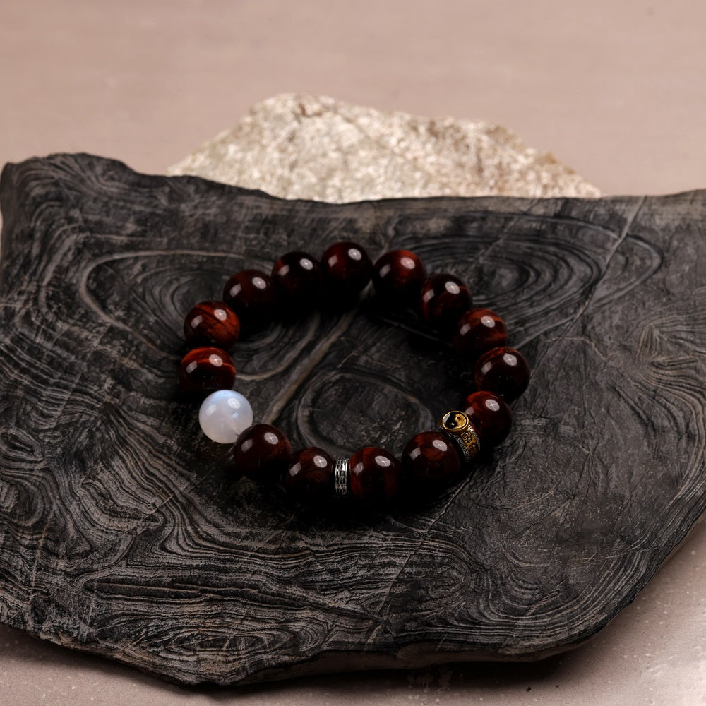 Yang Radiance Bracelet with Natural Rainbow Red Tiger’s Eye and Blue Moonstone