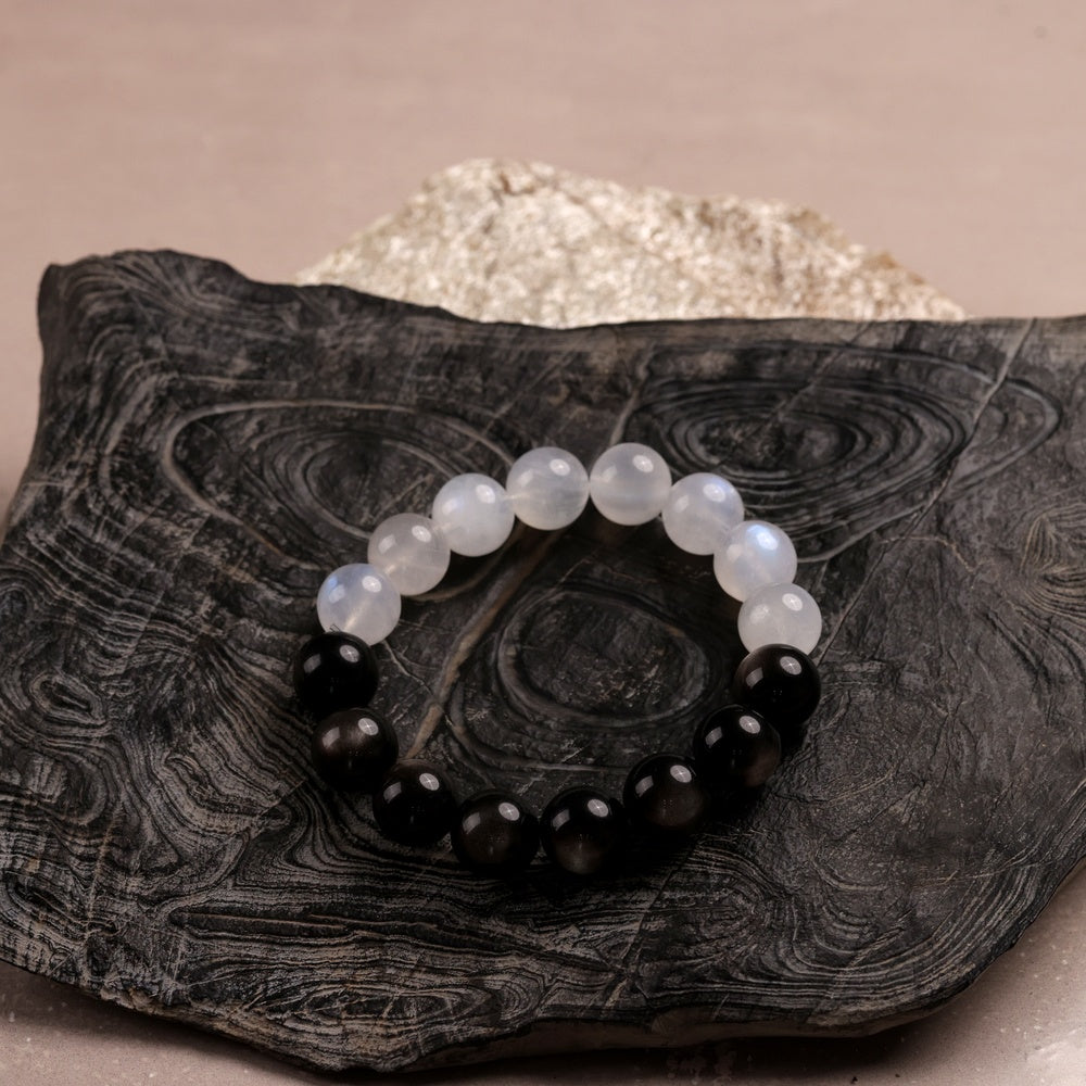 Tai Chi Return to Origin Bracelet with Natural Silver Sheen Obsidian and Blue Moonstone Hunyuan Beads