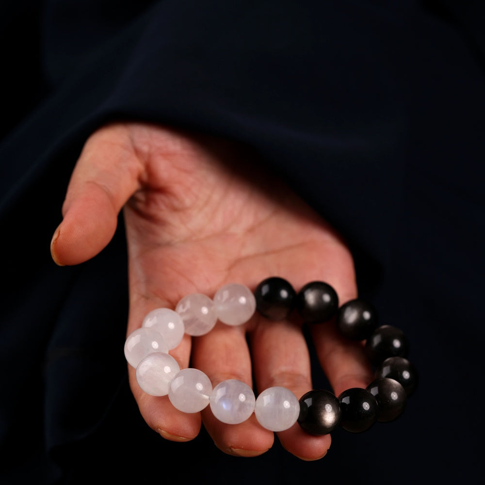 Tai Chi Return to Origin Bracelet with Natural Silver Sheen Obsidian and Blue Moonstone Hunyuan Beads