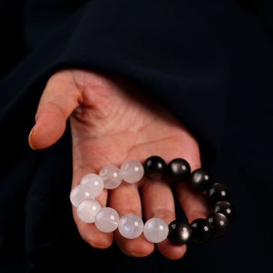Tai Chi Return to Origin Bracelet with Natural Silver Sheen Obsidian and Blue Moonstone Hunyuan Beads